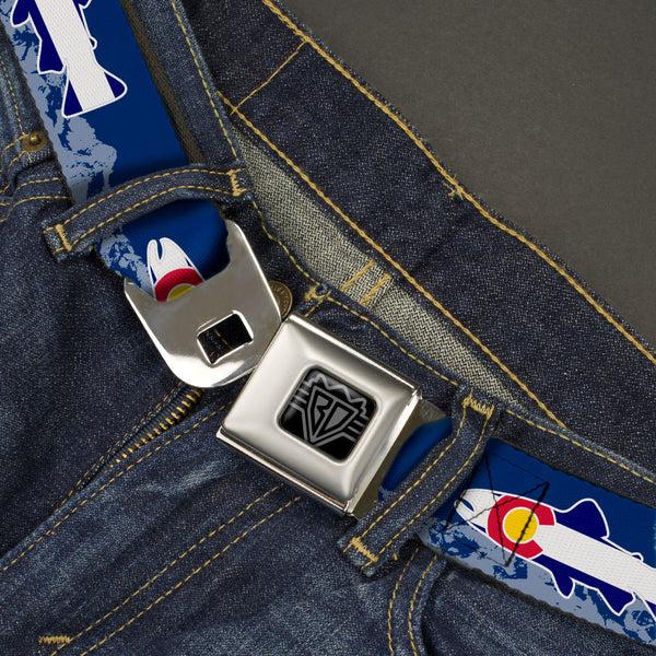 Buckle-Down BD Wings Logo CLOSE-UP Black/Silver Seatbelt Belt - Colorado Trout Flag Blue/White/Red/Yellow Webbing