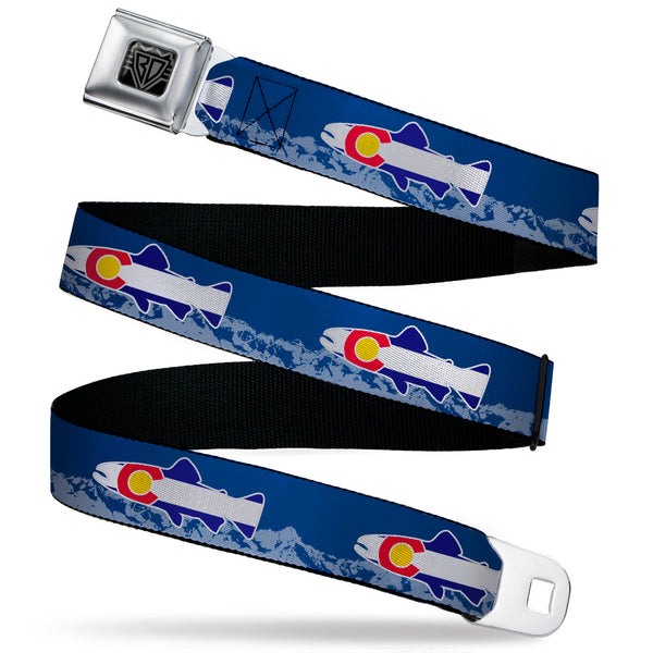 Buckle-Down BD Wings Logo CLOSE-UP Black/Silver Seatbelt Belt - Colorado Trout Flag Blue/White/Red/Yellow Webbing