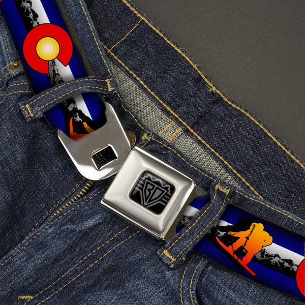Buckle-Down BD Wings Logo CLOSE-UP Black/Silver Seatbelt Belt - Colorado Snowboarder3 Orange/Mountains Webbing