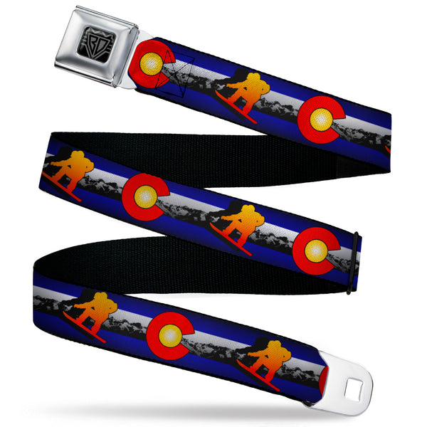 Buckle-Down BD Wings Logo CLOSE-UP Black/Silver Seatbelt Belt - Colorado Snowboarder3 Orange/Mountains Webbing