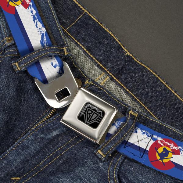 Buckle-Down BD Wings Logo CLOSE-UP Black/Silver Seatbelt Belt - Colorado Skier4/Mountains Blues/White/Red/Yellow Webbing
