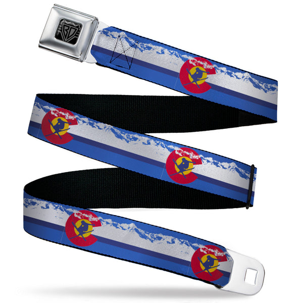 Buckle-Down BD Wings Logo CLOSE-UP Black/Silver Seatbelt Belt - Colorado Skier4/Mountains Blues/White/Red/Yellow Webbing