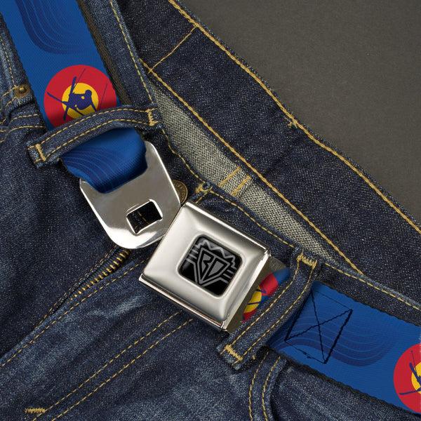 Buckle-Down BD Wings Logo CLOSE-UP Black/Silver Seatbelt Belt - Colorado Skier3 Blues/Red/Yellow Webbing