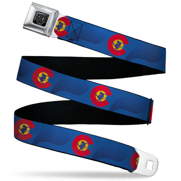 Buckle-Down BD Wings Logo CLOSE-UP Black/Silver Seatbelt Belt - Colorado Skier3 Blues/Red/Yellow Webbing