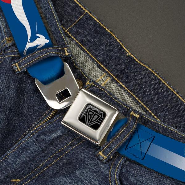 Buckle-Down BD Wings Logo CLOSE-UP Black/Silver Seatbelt Belt - Colorado Skier2 Blue/White/Red/Yellow Webbing
