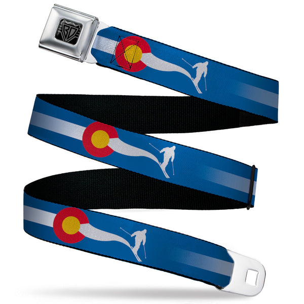 Buckle-Down BD Wings Logo CLOSE-UP Black/Silver Seatbelt Belt - Colorado Skier2 Blue/White/Red/Yellow Webbing