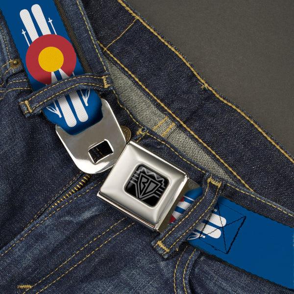 Buckle-Down BD Wings Logo CLOSE-UP Black/Silver Seatbelt Belt - Colorado Logo/Skis Blue/White/Red/Yellow Webbing