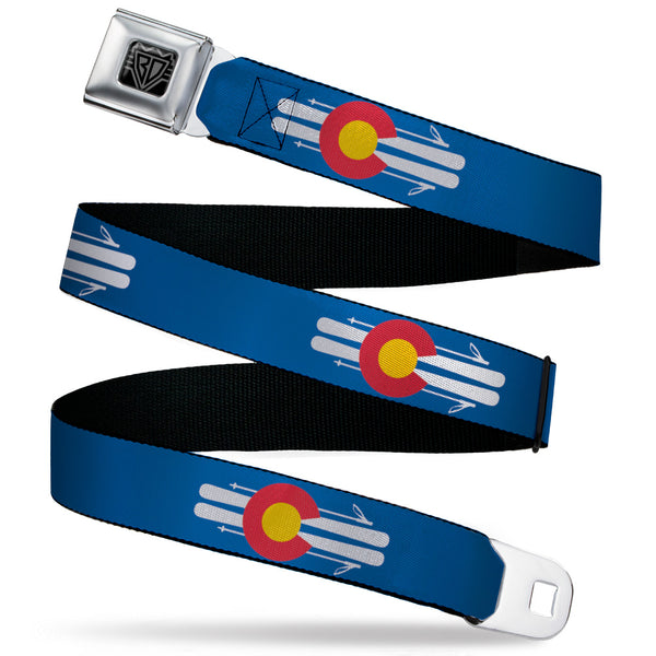 Buckle-Down BD Wings Logo CLOSE-UP Black/Silver Seatbelt Belt - Colorado Logo/Skis Blue/White/Red/Yellow Webbing