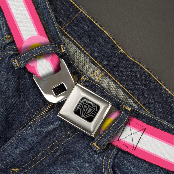 Buckle-Down BD Wings Logo CLOSE-UP Black/Silver Seatbelt Belt - Colorado Flags7 Repeat Pinks/White/Light Pink/Yellow Webbing