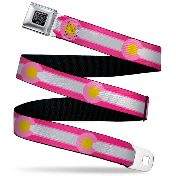 Buckle-Down BD Wings Logo CLOSE-UP Black/Silver Seatbelt Belt - Colorado Flags7 Repeat Pinks/White/Light Pink/Yellow Webbing