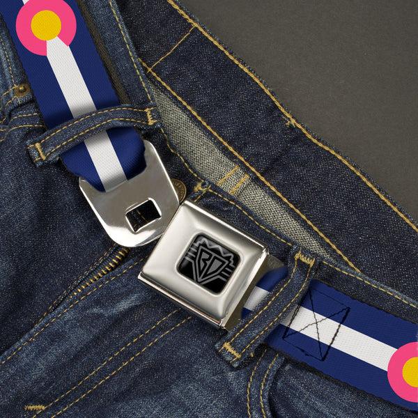 Buckle-Down BD Wings Logo CLOSE-UP Black/Silver Seatbelt Belt - Colorado Flags6 Repeat Blue/White/Pink/Yellow Webbing