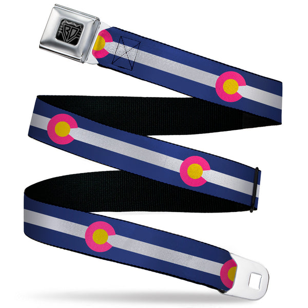 Buckle-Down BD Wings Logo CLOSE-UP Black/Silver Seatbelt Belt - Colorado Flags6 Repeat Blue/White/Pink/Yellow Webbing