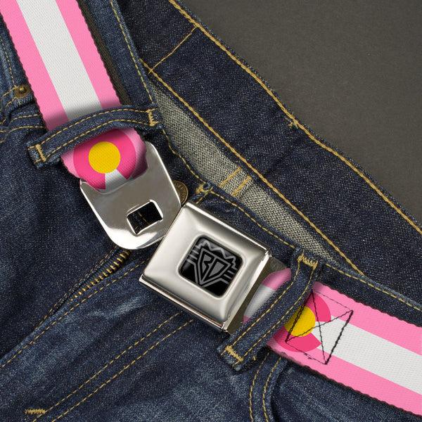 Buckle-Down BD Wings Logo CLOSE-UP Black/Silver Seatbelt Belt - Colorado Flags5 Repeat Light Pink/White/Pink/Yellow Webbing