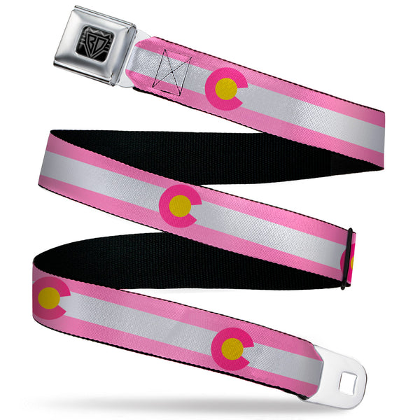 Buckle-Down BD Wings Logo CLOSE-UP Black/Silver Seatbelt Belt - Colorado Flags5 Repeat Light Pink/White/Pink/Yellow Webbing