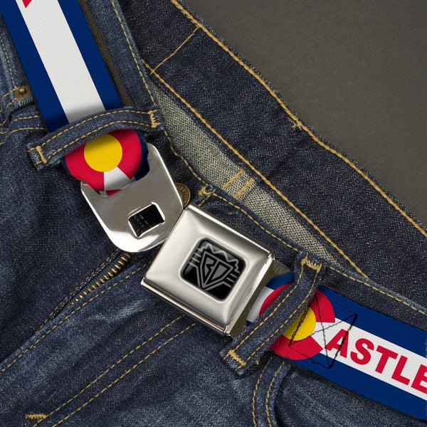 Buckle-Down BD Wings Logo CLOSE-UP Black/Silver Seatbelt Belt - Colorado CASTLE ROCK Flag Blue/White/Red/Yellows Webbing