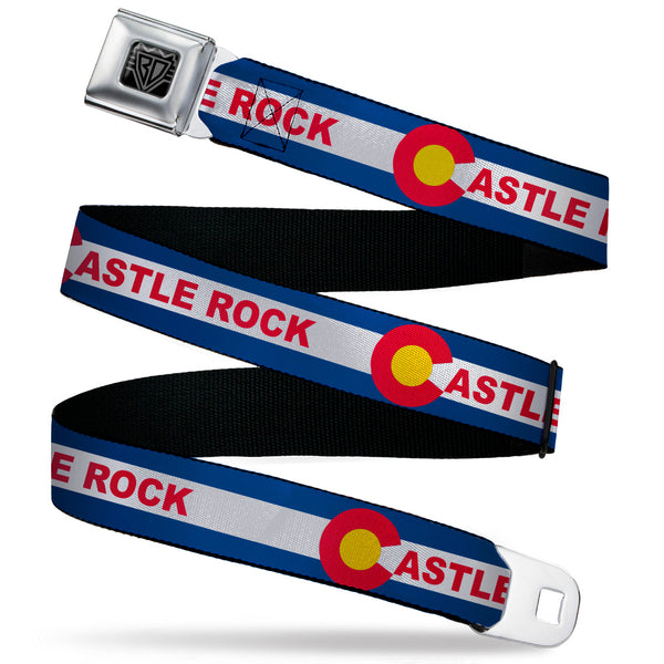 Buckle-Down BD Wings Logo CLOSE-UP Black/Silver Seatbelt Belt - Colorado CASTLE ROCK Flag Blue/White/Red/Yellows Webbing
