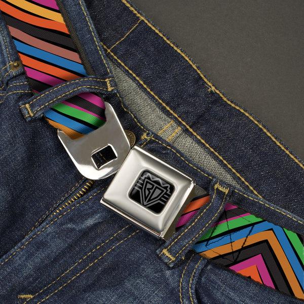 Buckle-Down BD Wings Logo CLOSE-UP Black/Silver Seatbelt Belt - Chevron Freehand CLOSE-UP Multi Color Webbing