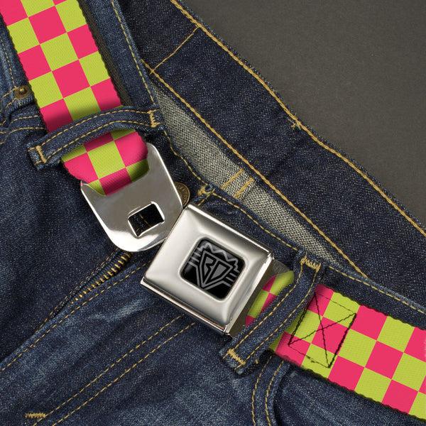 Buckle-Down BD Wings Logo CLOSE-UP Black/Silver Seatbelt Belt - Checker Fluorescent Pink/Yellow Webbing