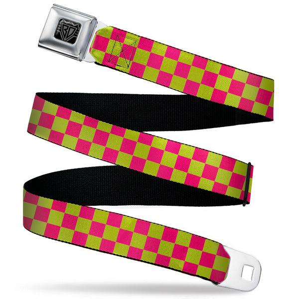 Buckle-Down BD Wings Logo CLOSE-UP Black/Silver Seatbelt Belt - Checker Fluorescent Pink/Yellow Webbing