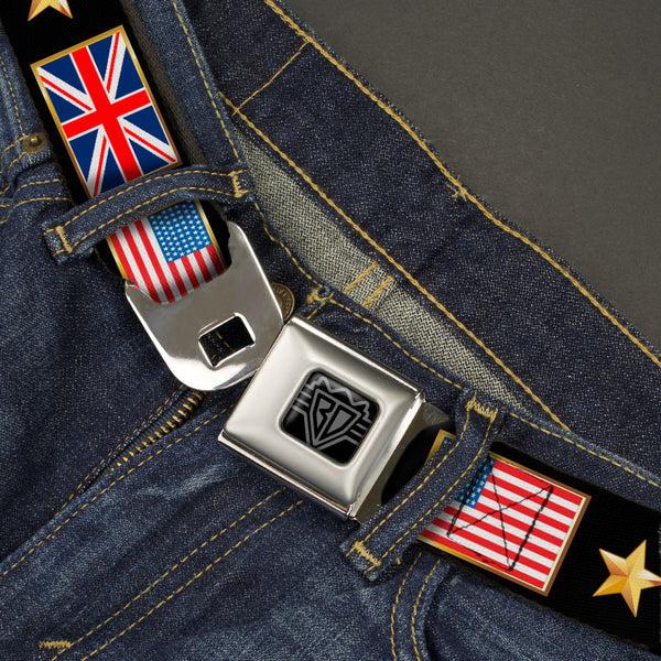 Buckle-Down BD Wings Logo CLOSE-UP Black/Silver Seatbelt Belt - CHAMPION Belt/Flags/Stars Black/Golds Webbing