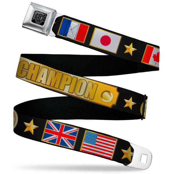Buckle-Down BD Wings Logo CLOSE-UP Black/Silver Seatbelt Belt - CHAMPION Belt/Flags/Stars Black/Golds Webbing