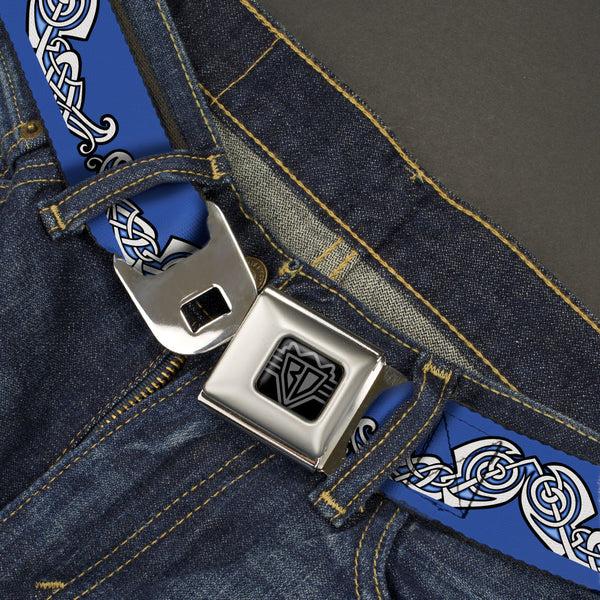 Buckle-Down BD Wings Logo CLOSE-UP Black/Silver Seatbelt Belt - Celtic Knot4 Blues/Black/White Webbing