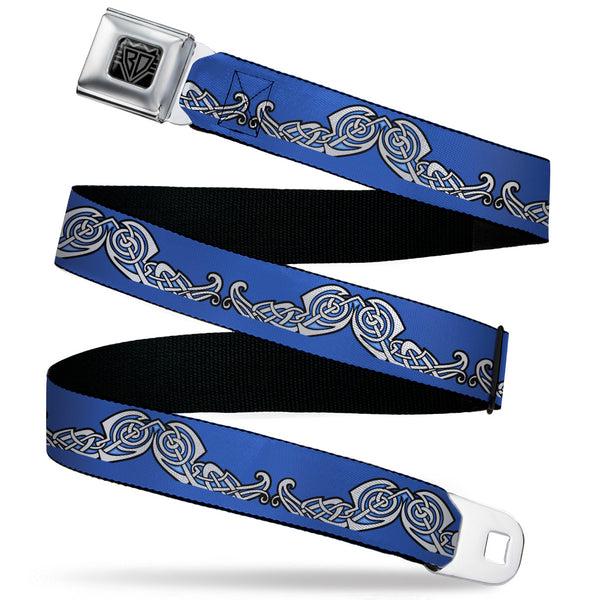 Buckle-Down BD Wings Logo CLOSE-UP Black/Silver Seatbelt Belt - Celtic Knot4 Blues/Black/White Webbing