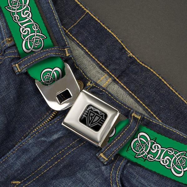 Buckle-Down BD Wings Logo CLOSE-UP Black/Silver Seatbelt Belt - Celtic Knot2 Greens/Black/White Webbing