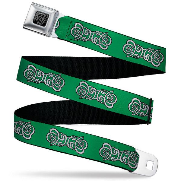 Buckle-Down BD Wings Logo CLOSE-UP Black/Silver Seatbelt Belt - Celtic Knot2 Greens/Black/White Webbing