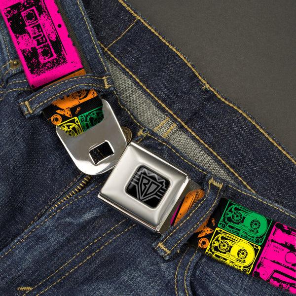 Buckle-Down BD Wings Logo CLOSE-UP Black/Silver Seatbelt Belt - Cassette Tapes Black/Multi Neon Webbing