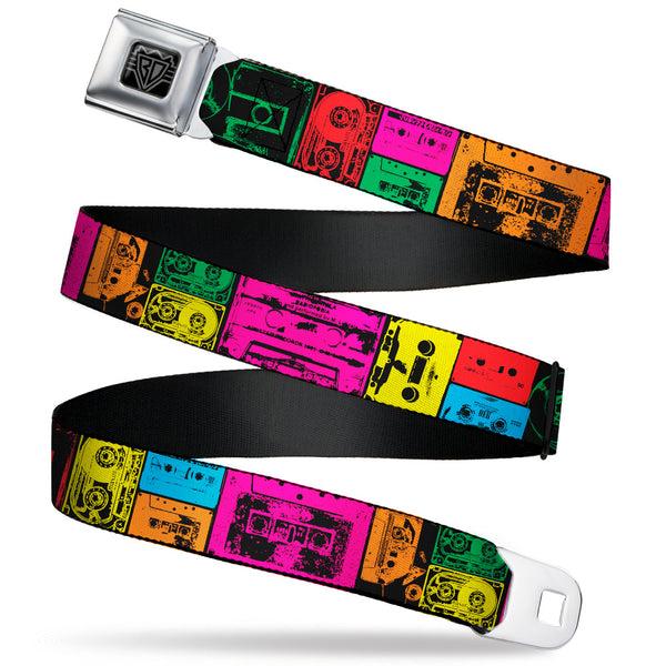Buckle-Down BD Wings Logo CLOSE-UP Black/Silver Seatbelt Belt - Cassette Tapes Black/Multi Neon Webbing
