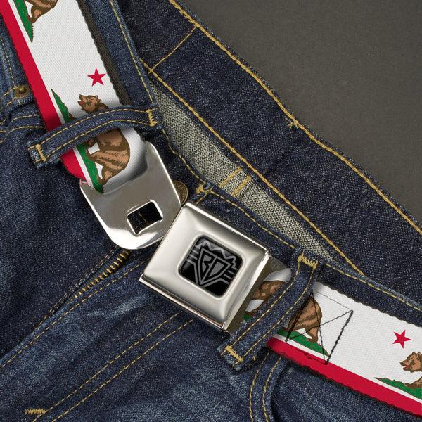 Buckle-Down BD Wings Logo CLOSE-UP Black/Silver Seatbelt Belt - California Flag White W/Stripe Webbing
