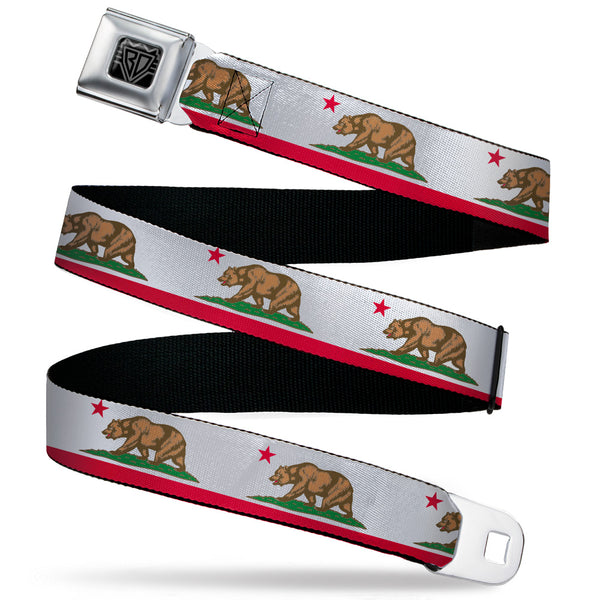 Buckle-Down BD Wings Logo CLOSE-UP Black/Silver Seatbelt Belt - California Flag White w/Stripe Webbing