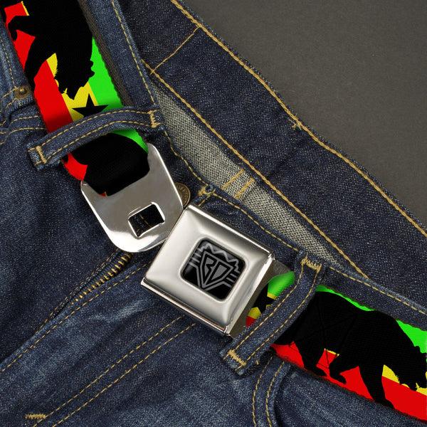 Buckle-Down BD Wings Logo CLOSE-UP Black/Silver Seatbelt Belt - Cali Bear/Star Silhouette Rasta/Black Webbing