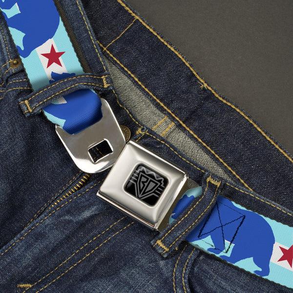 Buckle-Down BD Wings Logo CLOSE-UP Black/Silver Seatbelt Belt - Cali Bear/Star Silhouette Baby Blue/White/Cobalt/Red Webbing