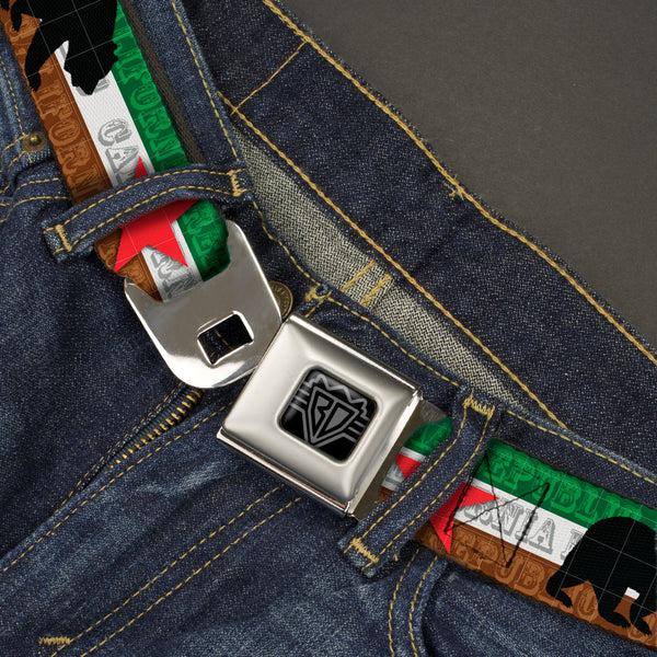 Buckle-Down BD Wings Logo CLOSE-UP Black/Silver Seatbelt Belt - Cali Bear Silhouette & Star/CALIFORNIA REPUBLIC Green/White/Brown/Black/Red Webbing