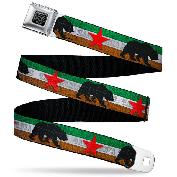 Buckle-Down BD Wings Logo CLOSE-UP Black/Silver Seatbelt Belt - Cali Bear Silhouette & Star/CALIFORNIA REPUBLIC Green/White/Brown/Black/Red Webbing