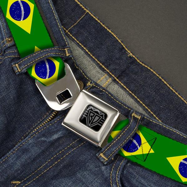 Buckle-Down BD Wings Logo CLOSE-UP Black/Silver Seatbelt Belt - Brazil Flag Continuous Webbing