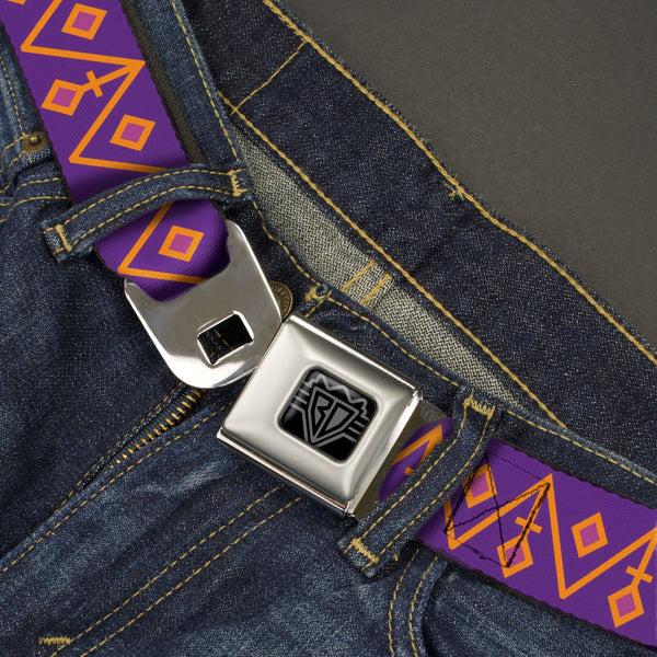 Buckle-Down BD Wings Logo CLOSE-UP Black/Silver Seatbelt Belt - Aztec22 Purple/Orange/Pink Webbing