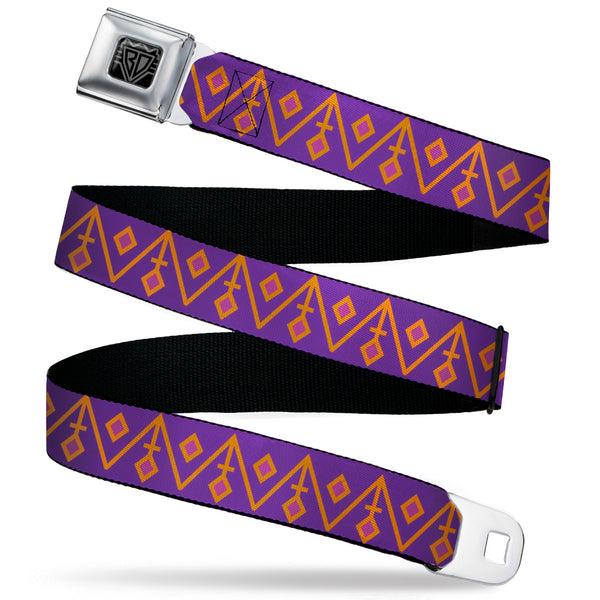 Buckle-Down BD Wings Logo CLOSE-UP Black/Silver Seatbelt Belt - Aztec22 Purple/Orange/Pink Webbing