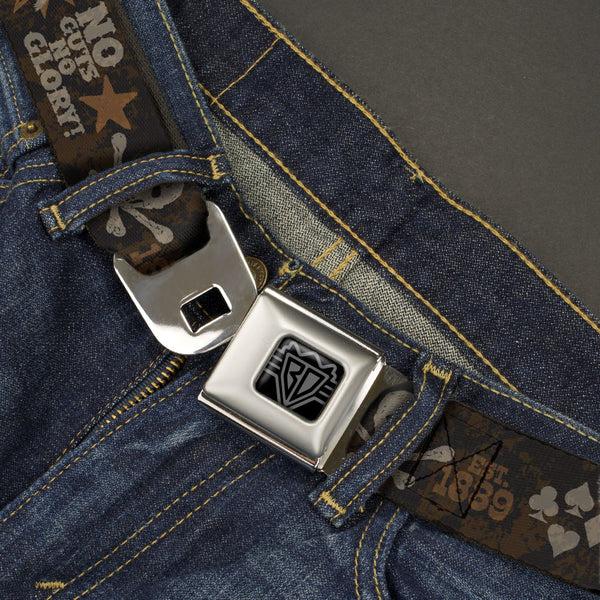 Buckle-Down BD Wings Logo CLOSE-UP Black/Silver Seatbelt Belt - Western NO GUTS NO GLORY Skull And Crossbones Browns/Gray Webbing