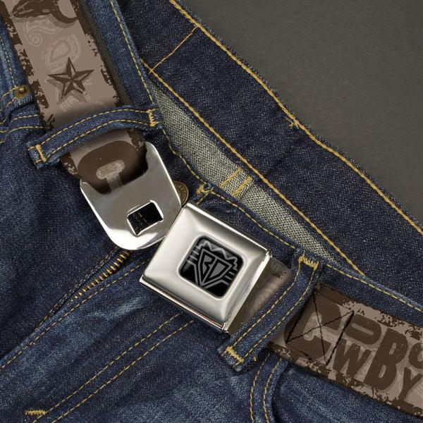 Buckle-Down BD Wings Logo CLOSE-UP Black/Silver Seatbelt Belt - Western COWBOY Icons Collage Tan/Browns Webbing