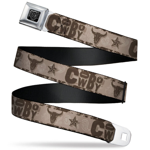 Buckle-Down BD Wings Logo CLOSE-UP Black/Silver Seatbelt Belt - Western COWBOY Icons Collage Tan/Browns Webbing