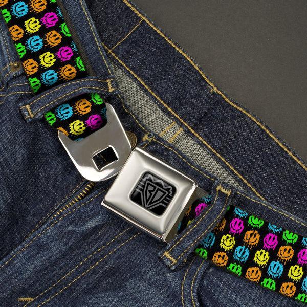 Buckle-Down BD Wings Logo CLOSE-UP Black/Silver Seatbelt Belt - Smiley Faces Melted Mini Repeat Black/Multi Neon Webbing