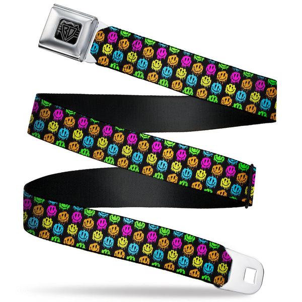 Buckle-Down BD Wings Logo CLOSE-UP Black/Silver Seatbelt Belt - Smiley Faces Melted Mini Repeat Black/Multi Neon Webbing