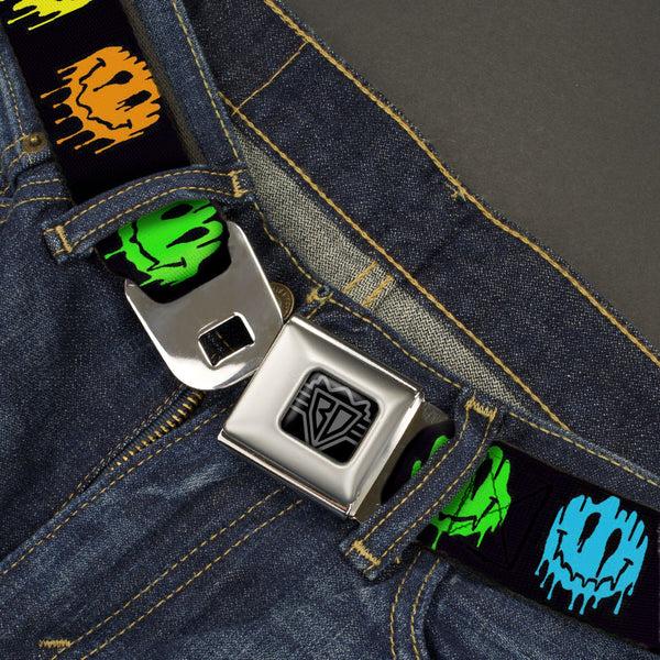 Buckle-Down BD Wings Logo CLOSE-UP Black/Silver Seatbelt Belt - Smiley Face Melted Repeat Black/Multi Neon Webbing
