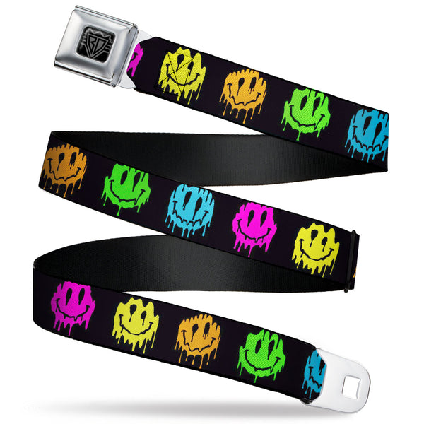 Buckle-Down BD Wings Logo CLOSE-UP Black/Silver Seatbelt Belt - Smiley Face Melted Repeat Black/Multi Neon Webbing