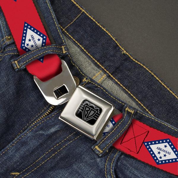 Buckle-Down BD Wings Logo CLOSE-UP Black/Silver Seatbelt Belt - Arkansas Flag Red/Blue/White Webbing