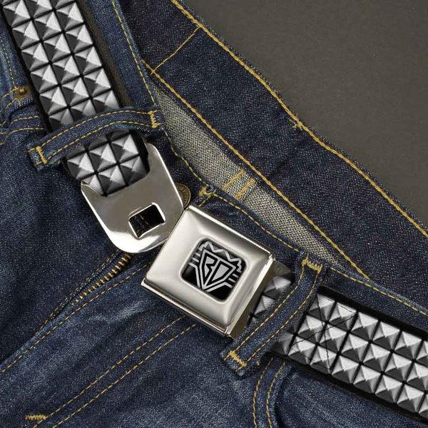 Buckle-Down BD Wings Logo CLOSE-UP Black/Silver Seatbelt Belt - Printed Studs Webbing