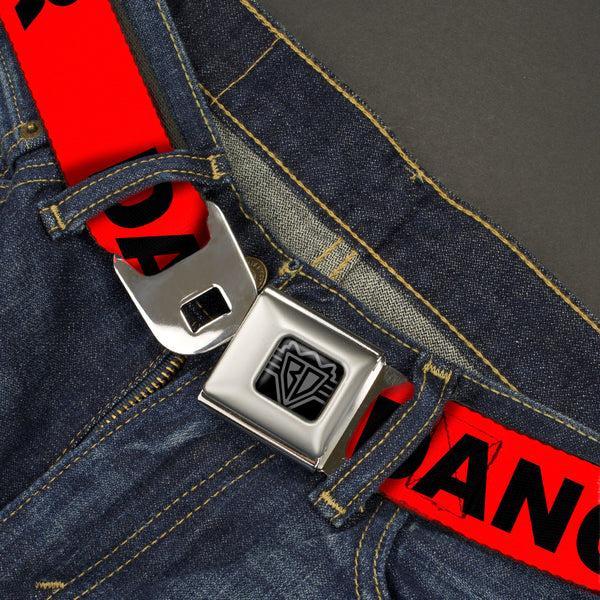 Buckle-Down BD Wings Logo CLOSE-UP Black/Silver Seatbelt Belt - DANGER Text Red/Black Webbing